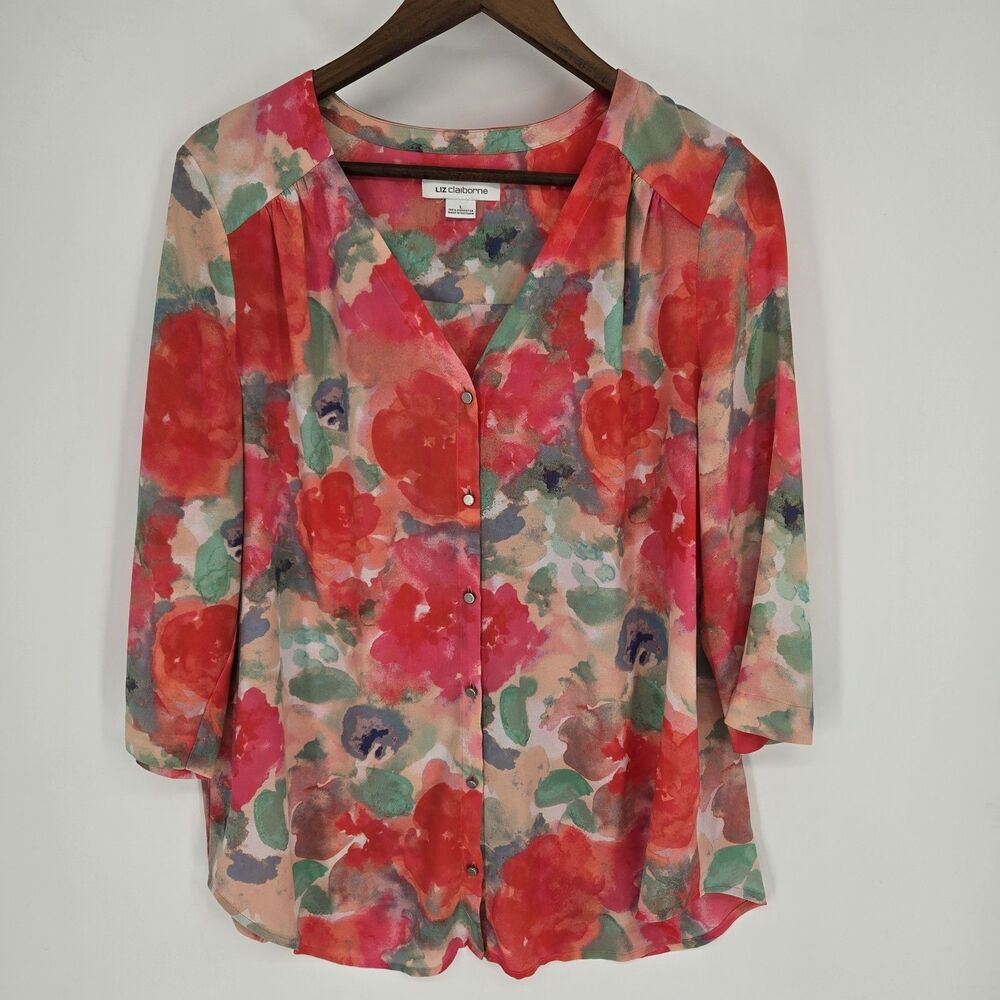 Liz Claiborne Watercolor Floral Blouse Large Bold Abstract Workwear Boho Chic